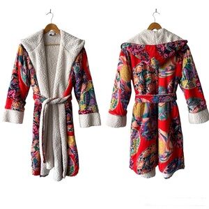 Anthropologie Red Floral Robe with Sherpa Lining